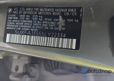 2005 BMW X5 3.0I z USA, uszkodzony, nr VIN 5UXFA13555LY22334